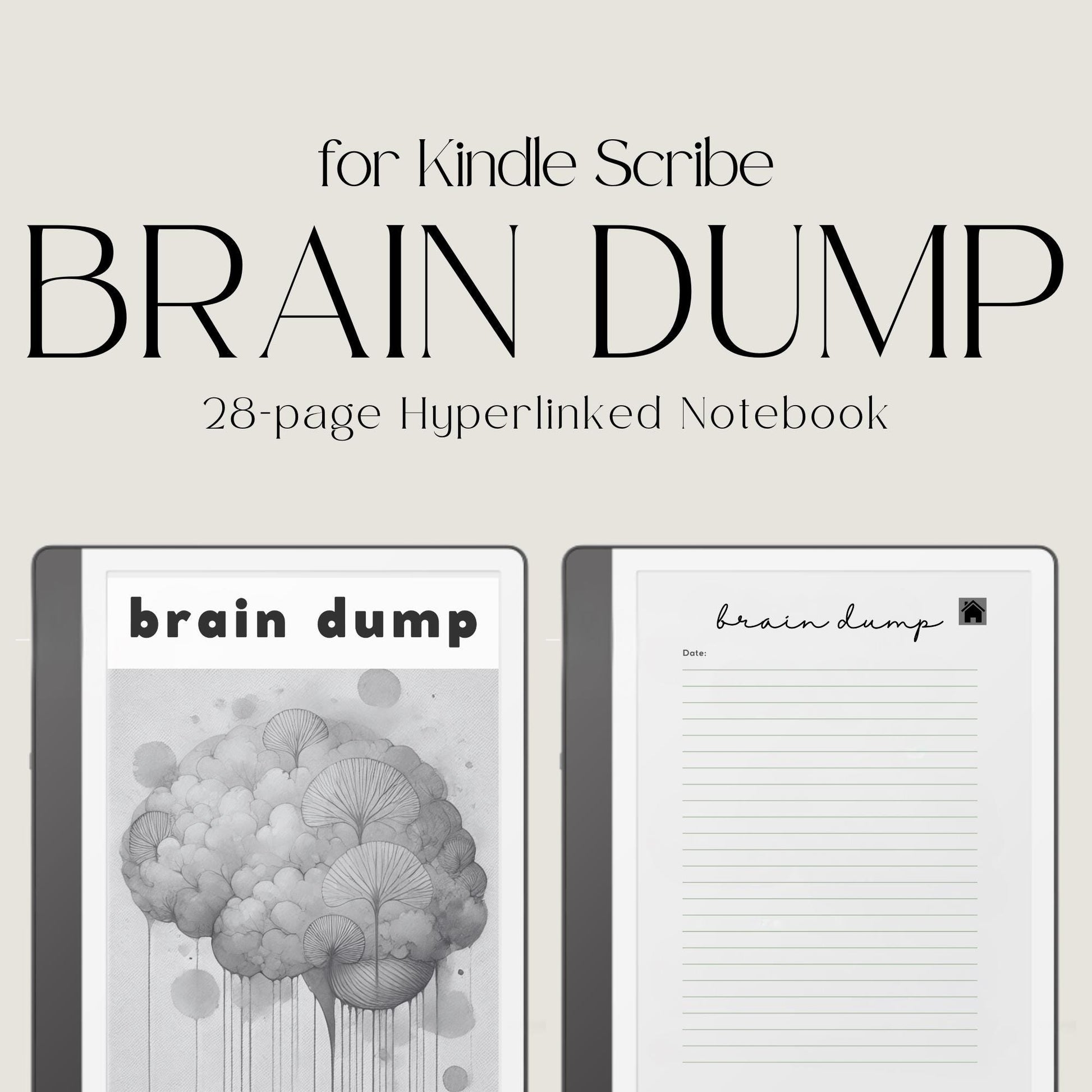 Hyperlinked Brain Dump Notebook for Kindle Scribe featuring lined note pages, clickable navigation, date sections, and minimalist layouts for brainstorming, planning, and digital note-taking.