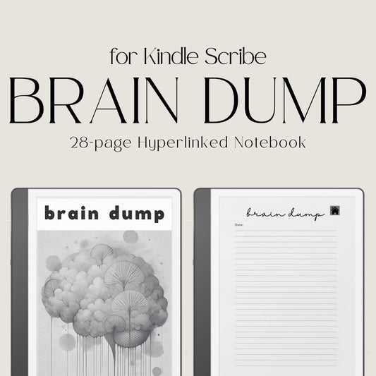 Hyperlinked Brain Dump Notebook for Kindle Scribe featuring lined note pages, clickable navigation, date sections, and minimalist layouts for brainstorming, planning, and digital note-taking.