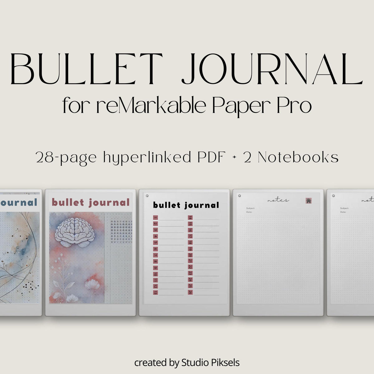 Hyperlinked Bullet Journal Bundle for reMarkable Paper Pro with dot grid notebook layouts, digital journaling pages, productivity planning templates, and reusable notebook PDFs.