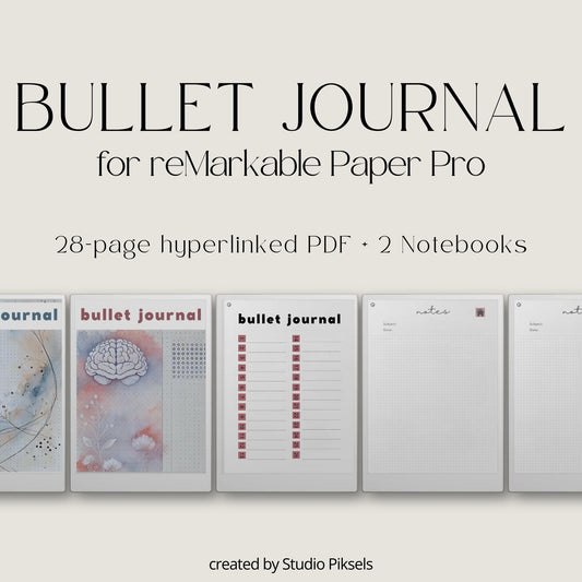 Hyperlinked Bullet Journal Bundle for reMarkable Paper Pro with dot grid notebook layouts, digital journaling pages, productivity planning templates, and reusable notebook PDFs.