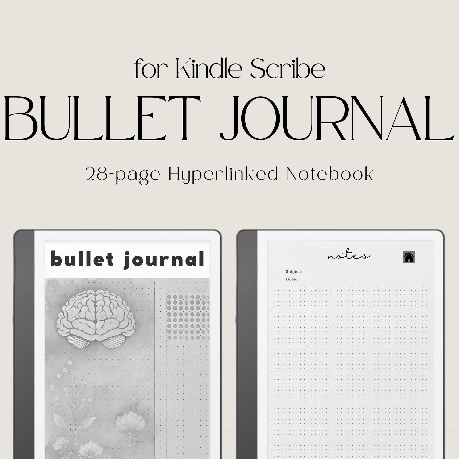 Hyperlinked Bullet Journal for Kindle Scribe featuring dot grid journal pages, clickable navigation, reusable note pages, and minimalist layouts for planning, journaling, and habit tracking.