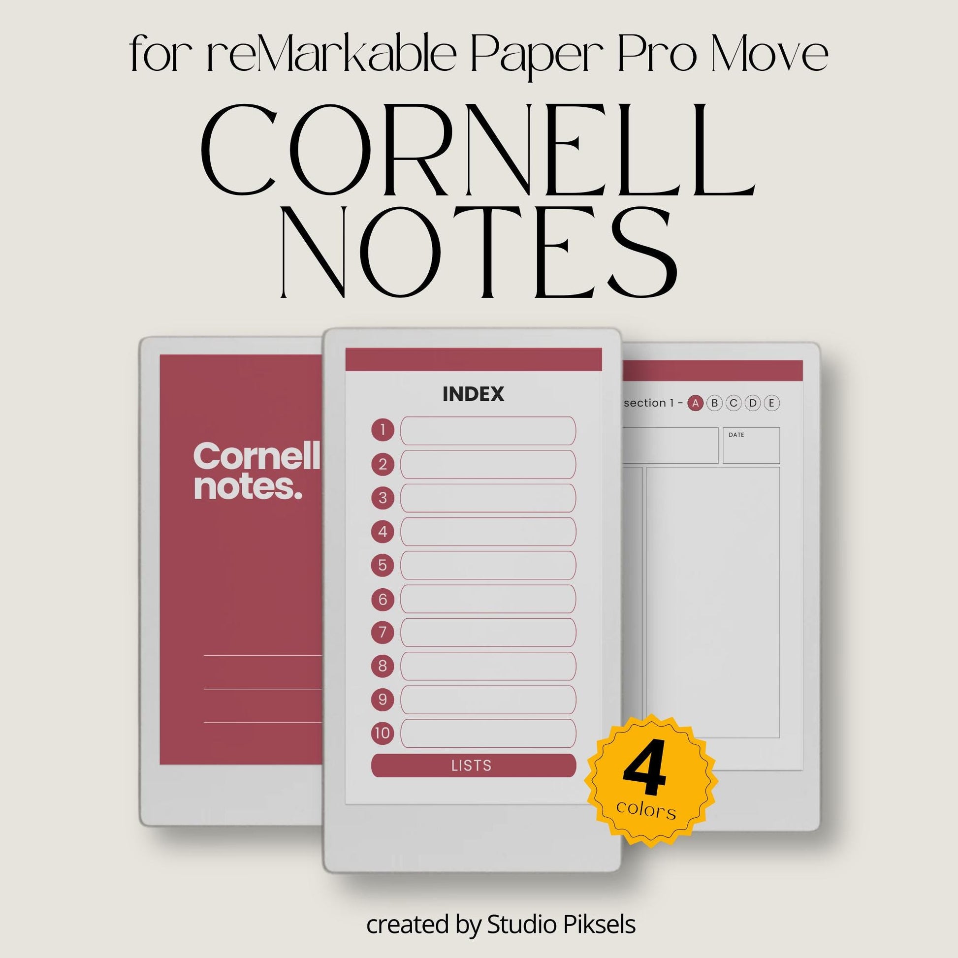 Cornell notebooks for reMarkable Paper Pro Move with hyperlinked sections and study pages.