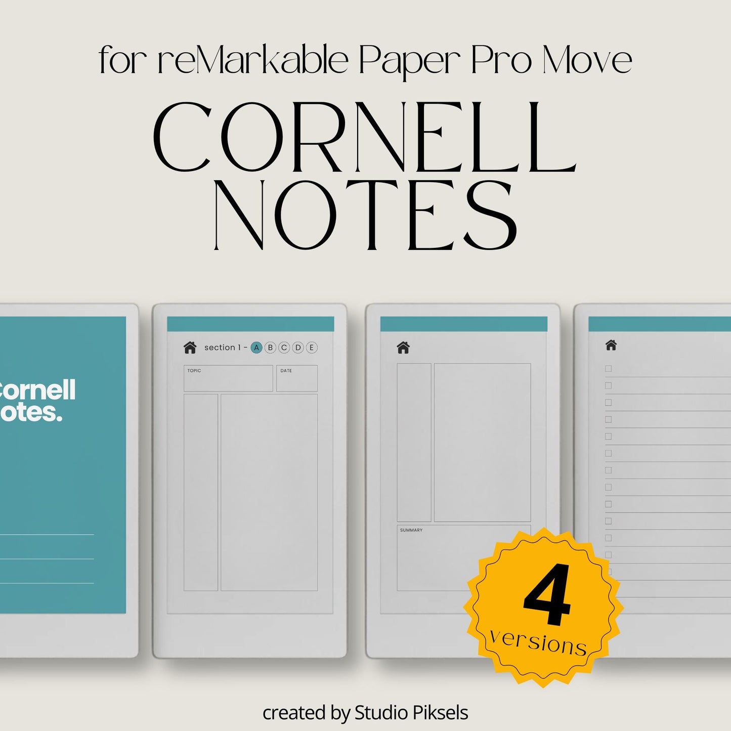 Cornell notebooks for reMarkable Paper Pro Move with hyperlinked sections and study pages.