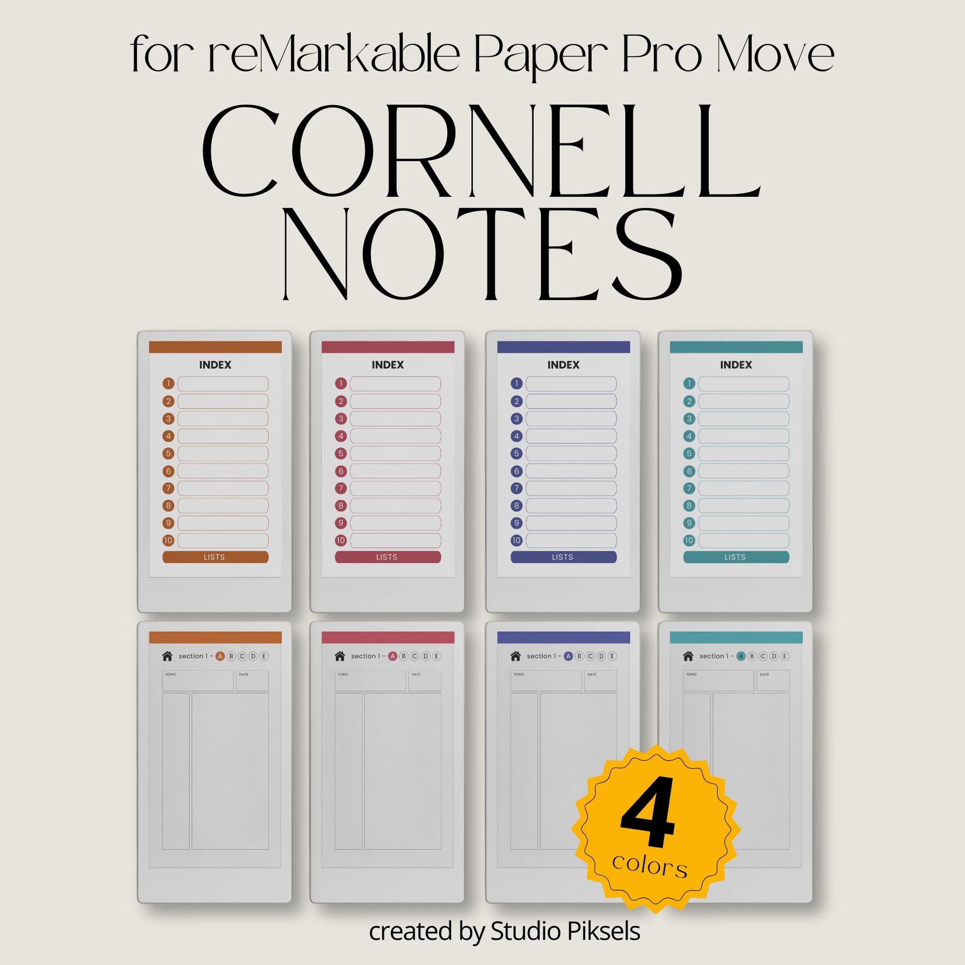 Cornell notebooks for reMarkable Paper Pro Move with hyperlinked sections and study pages.