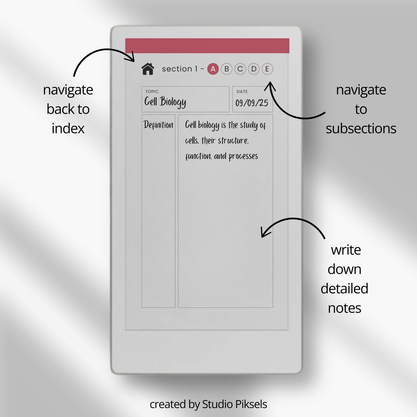 Cornell notebooks for reMarkable Paper Pro Move with hyperlinked sections and study pages.