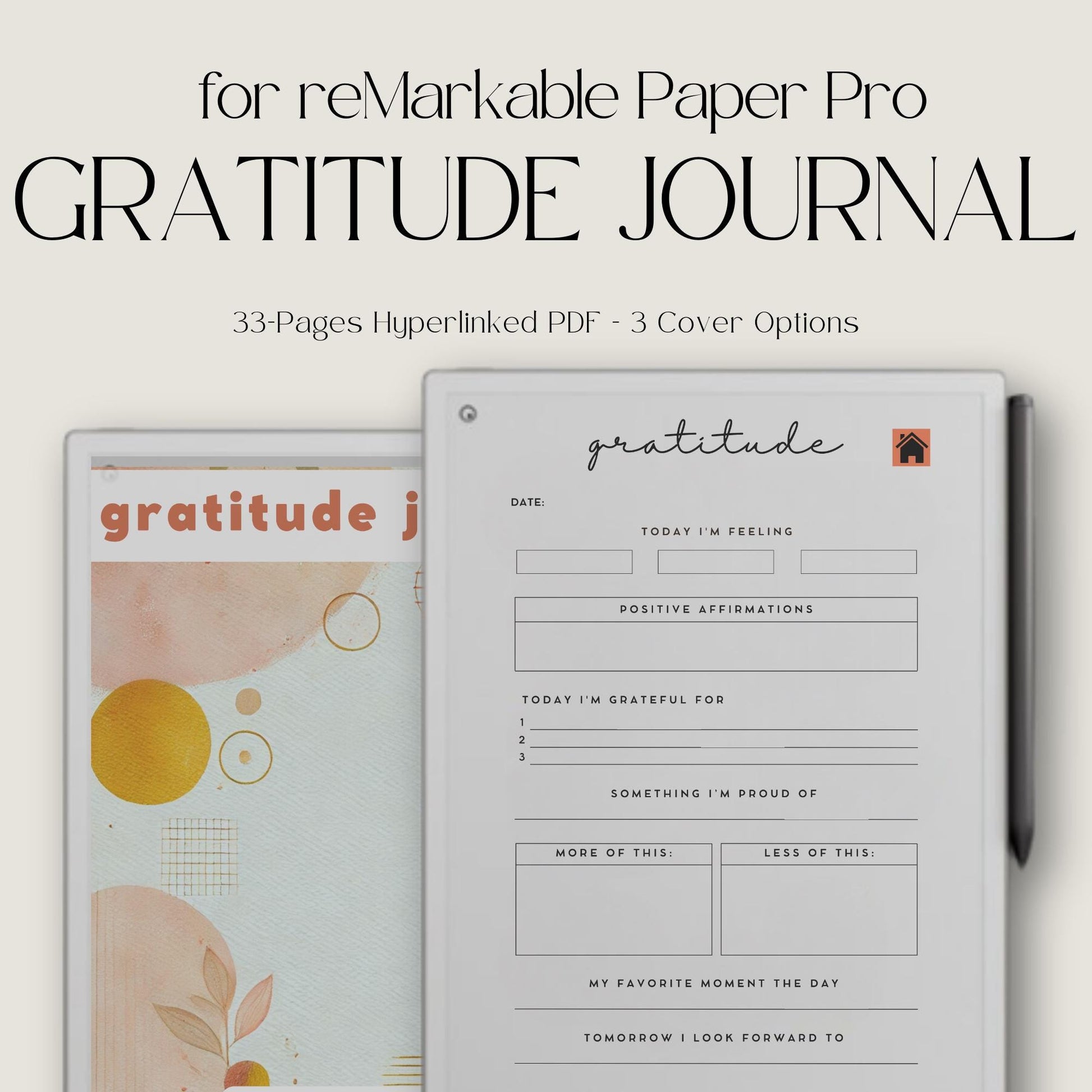 Hyperlinked gratitude journal bundle for reMarkable Paper Pro with minimalist 31-day daily reflection pages, structured mindfulness prompts, and three digital notebook designs for consistent gratitude practice.