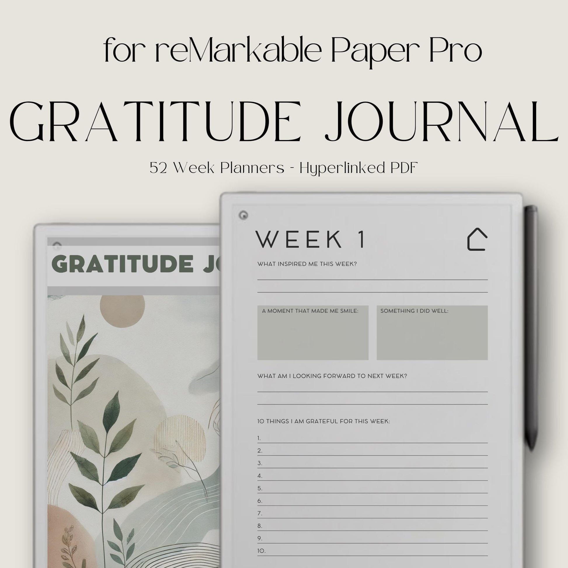 Hyperlinked Gratitude Journal for reMarkable Paper Pro with weekly reflection pages, guided gratitude prompts, goal-setting layouts, and digital mindfulness journaling templates.