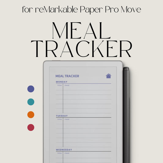 Meal tracker for reMarkable Paper Pro Move with hyperlinked weekly meal planning pages and shopping list templates.