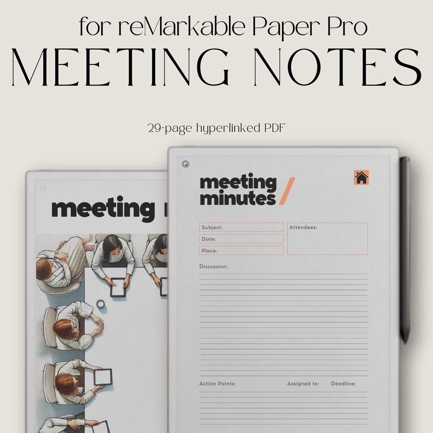 Keep discussions, decisions, and action items organized with a reusable meeting minutes notebook designed to support productive meetings and efficient digital note-taking on reMarkable Paper Pro.