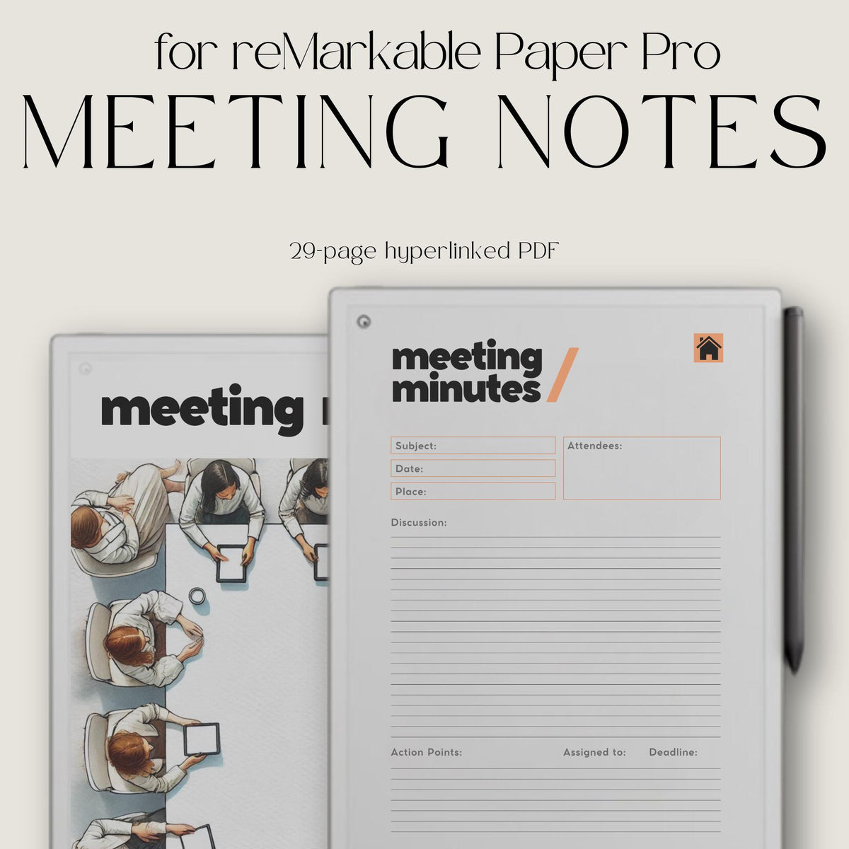 Keep discussions, decisions, and action items organized with a reusable meeting minutes notebook designed to support productive meetings and efficient digital note-taking on reMarkable Paper Pro.