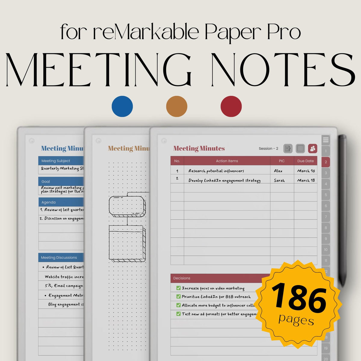 Hyperlinked Meeting Notes Notebook Bundle for reMarkable Paper Pro with custom index pages, reusable meeting layouts, action planning sections, dotted notes pages, and digital meeting organization tools.
