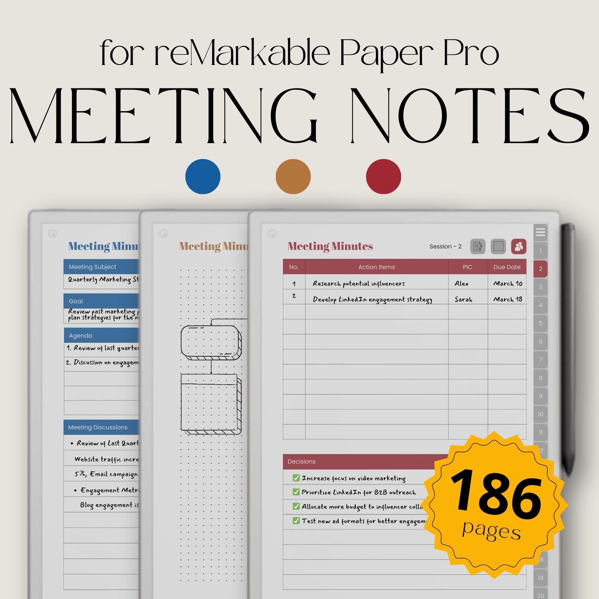 Hyperlinked Meeting Notes Notebook Bundle for reMarkable Paper Pro with custom index pages, reusable meeting layouts, action planning sections, dotted notes pages, and digital meeting organization tools.