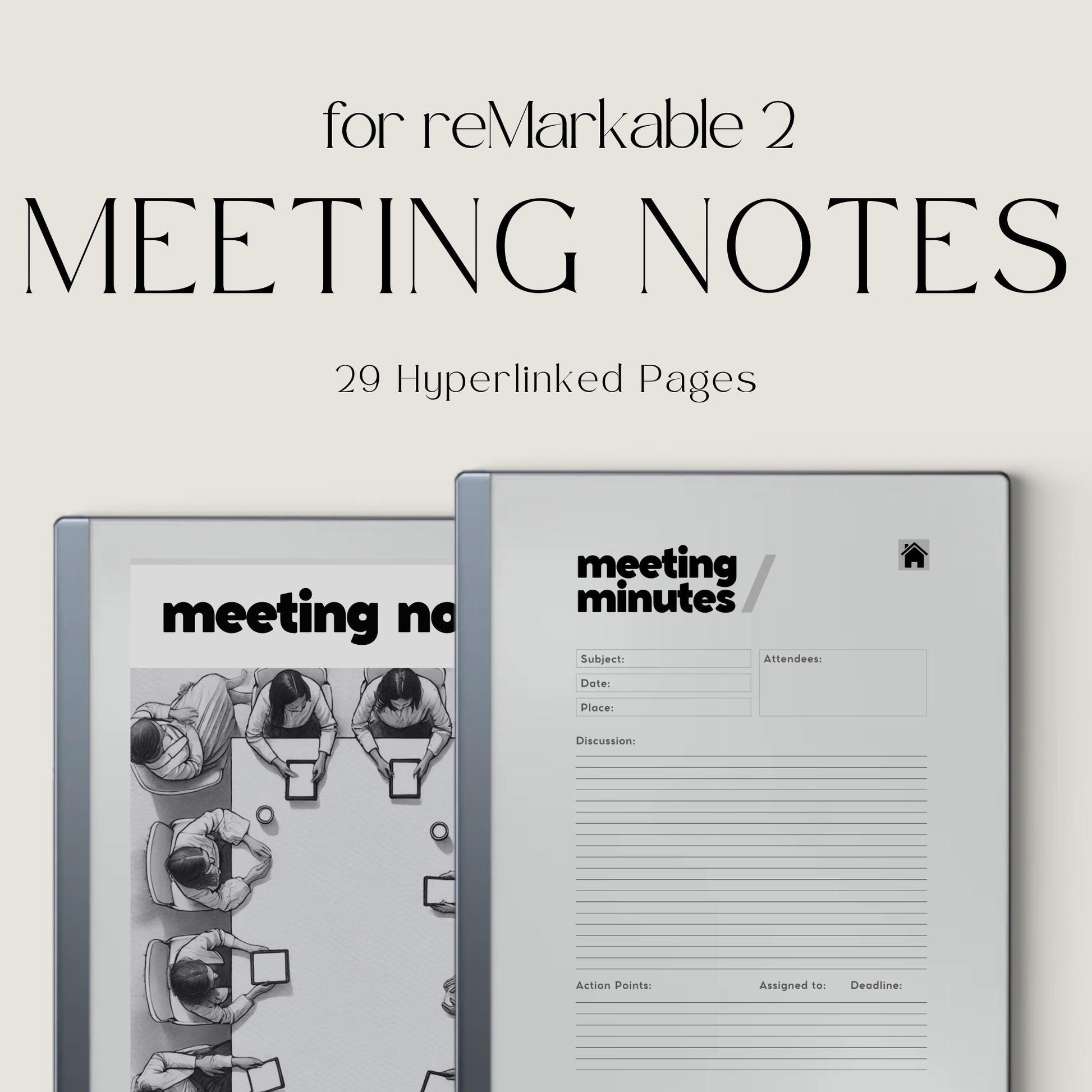 Hyperlinked Meeting Notes Template for reMarkable 2 and reMarkable Paper Pure featuring structured meeting pages, clickable navigation, and minimalist digital note-taking layouts