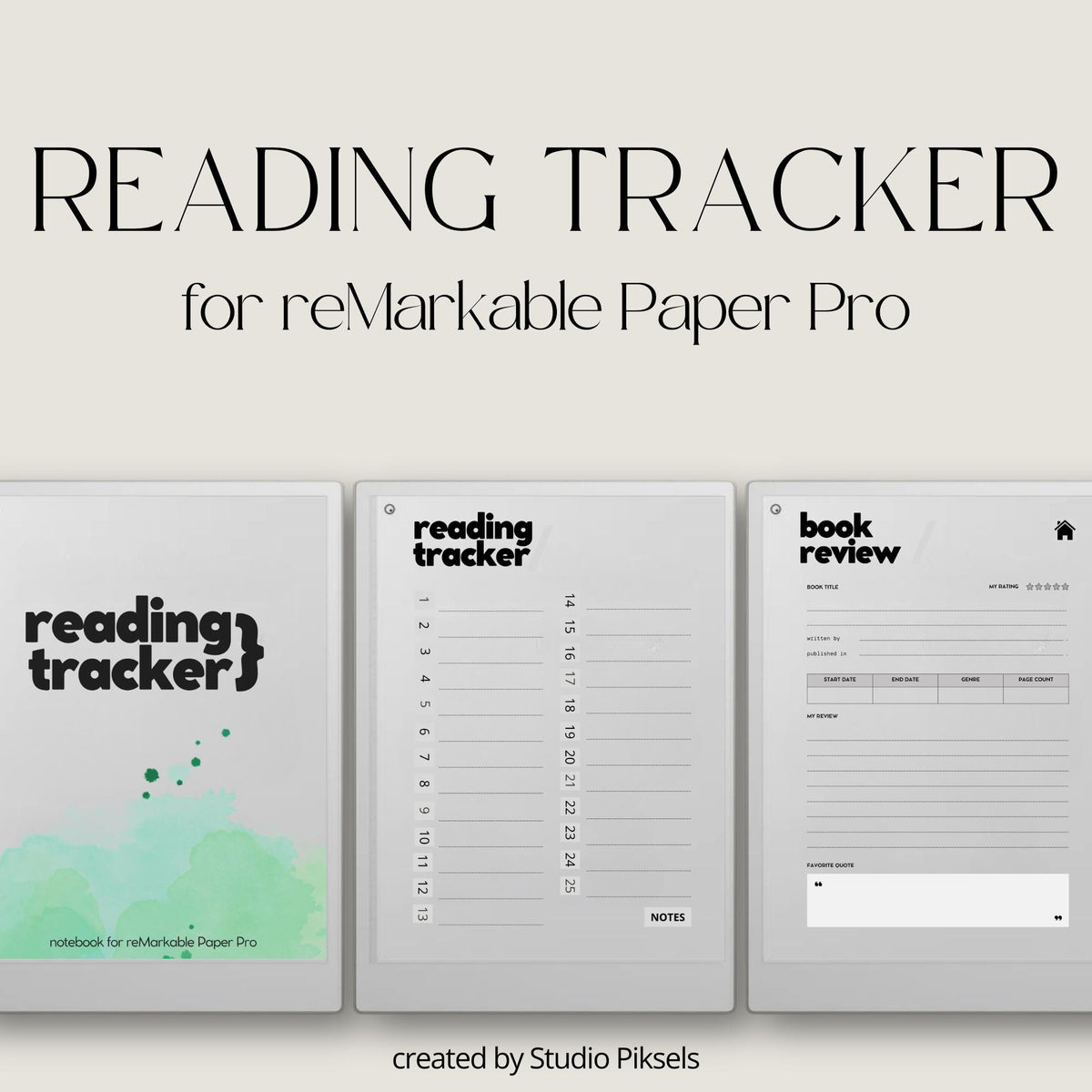 Hyperlinked Reading Tracker for reMarkable Paper Pro with interactive book review pages, linked reading sections, and digital reading journal layouts.