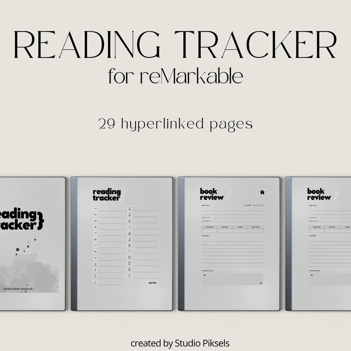 Hyperlinked Reading Tracker for reMarkable featuring a minimalist reusable PDF journal with linked index page, 25 book review pages, book details sections, reading notes, personal reflections, and high-resolution layout for organized reading tracking.