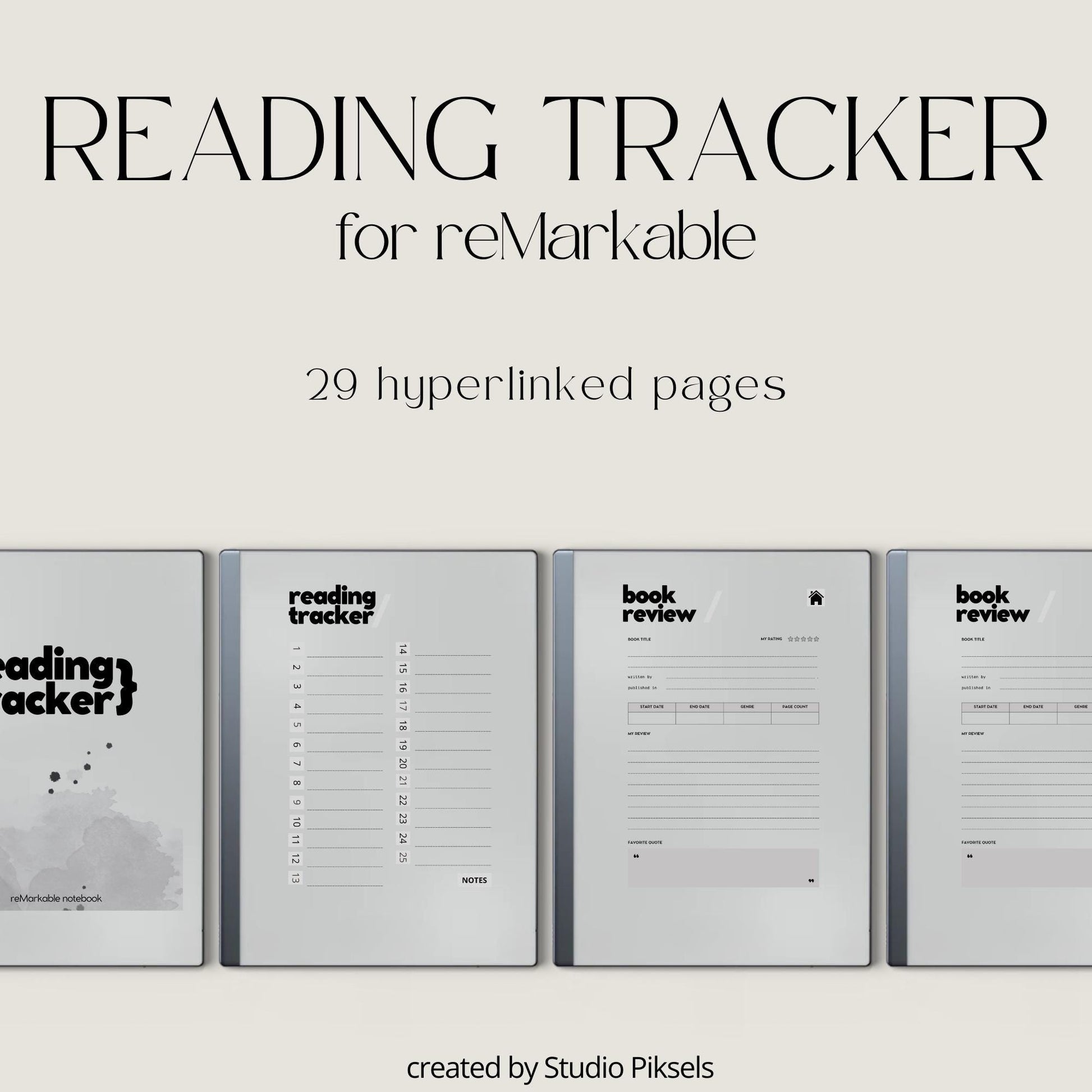 Hyperlinked Reading Tracker for reMarkable featuring a minimalist reusable PDF journal with linked index page, 25 book review pages, book details sections, reading notes, personal reflections, and high-resolution layout for organized reading tracking.