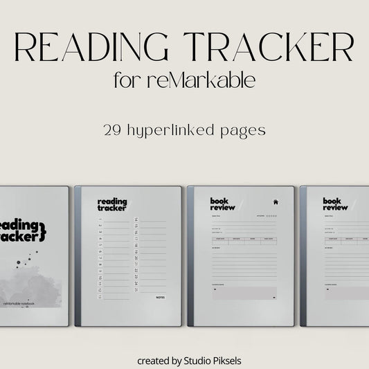 Hyperlinked Reading Tracker for reMarkable featuring a minimalist reusable PDF journal with linked index page, 25 book review pages, book details sections, reading notes, personal reflections, and high-resolution layout for organized reading tracking.