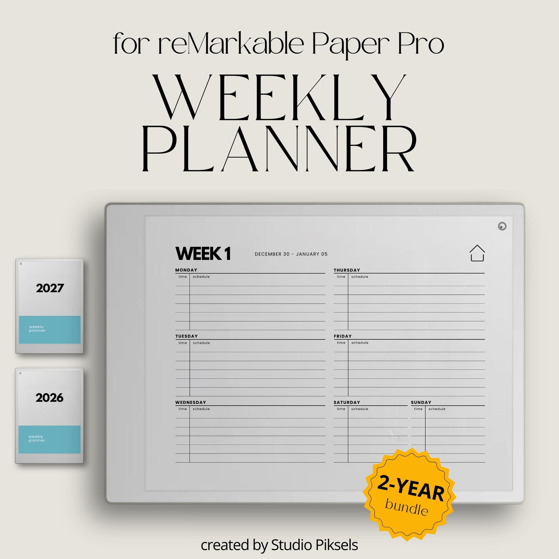 2026-2027 weekly planner for reMarkable Paper Pro with horizontal layout.