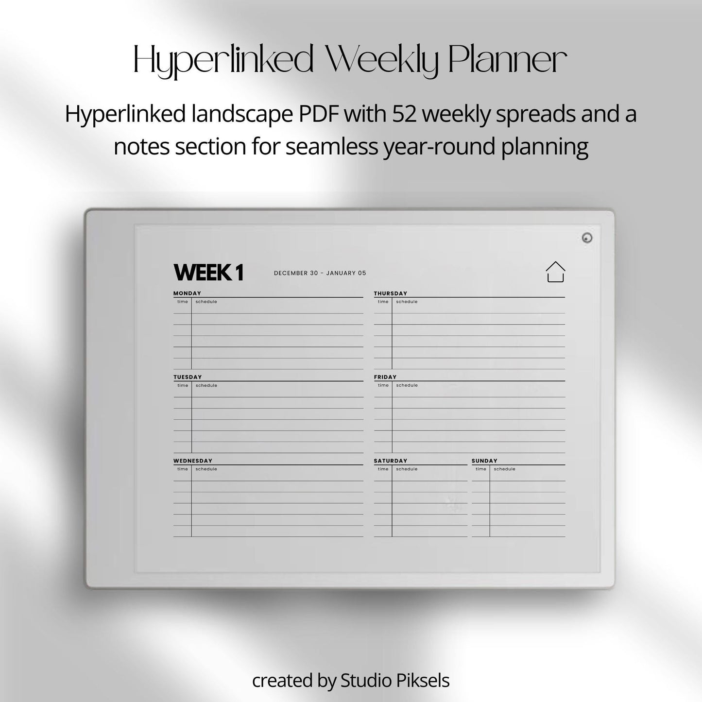2026-2027 weekly planner for reMarkable Paper Pro with horizontal layout.