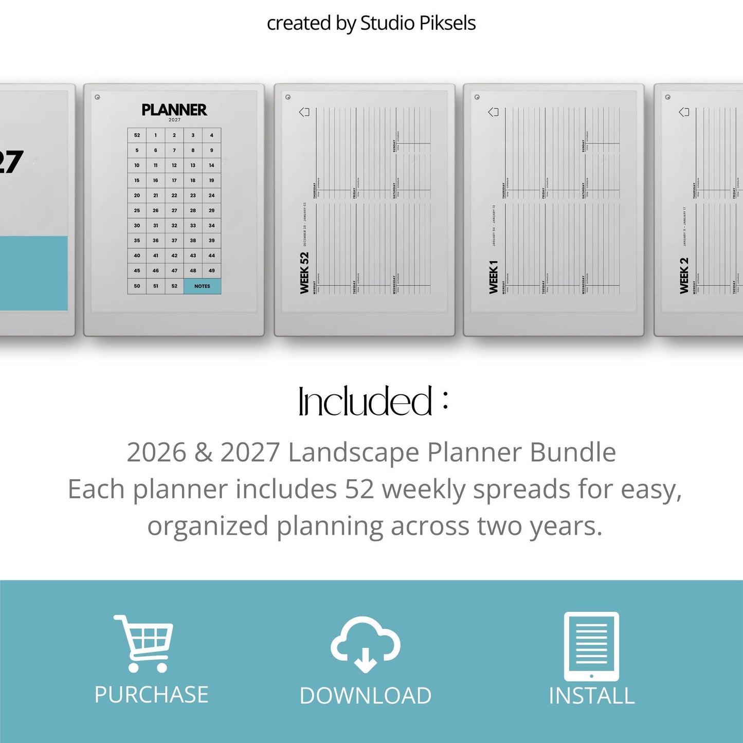 2026-2027 weekly planner for reMarkable Paper Pro with horizontal layout.