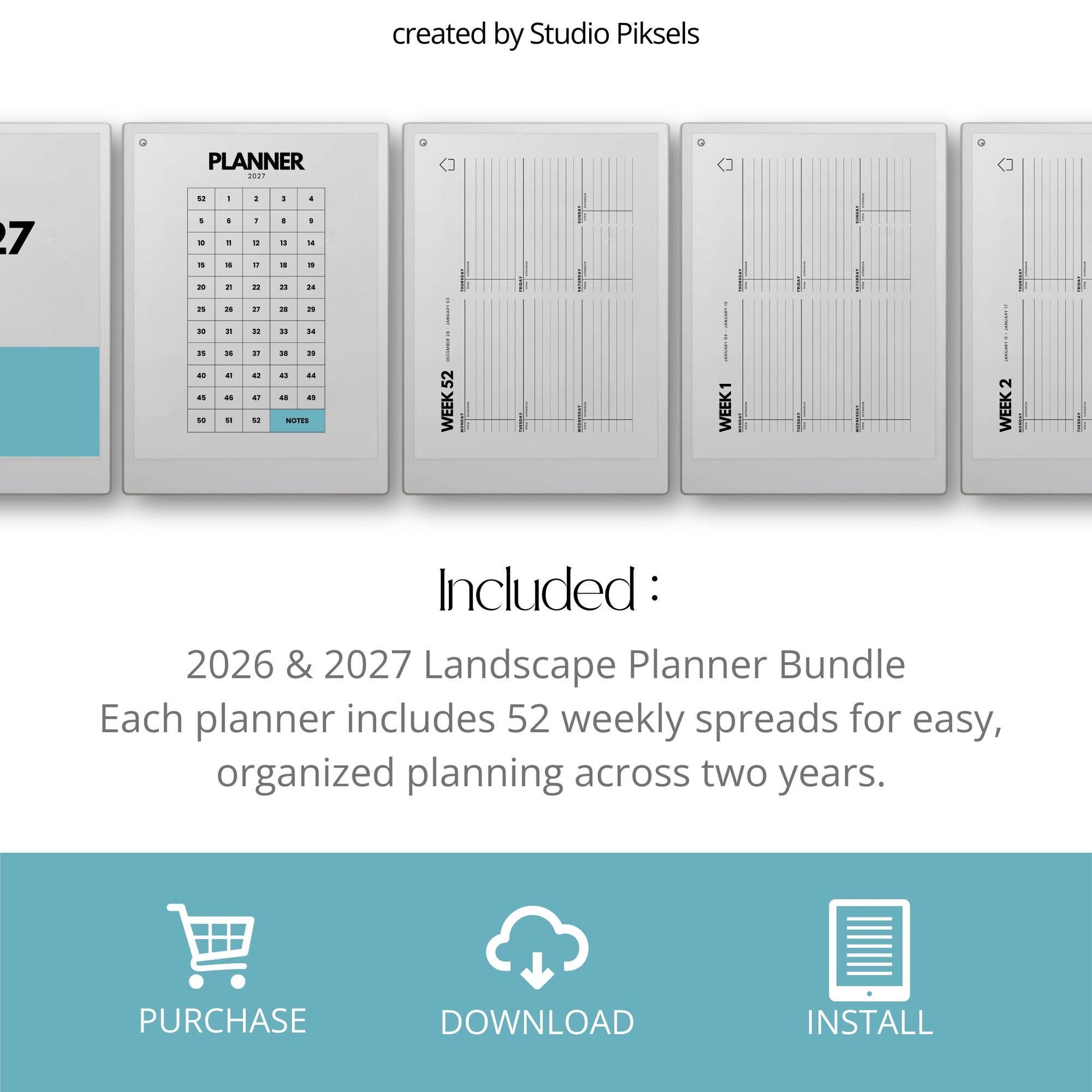 2026-2027 weekly planner for reMarkable Paper Pro with horizontal layout.