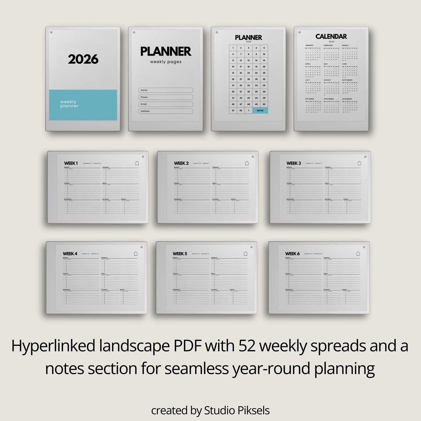 2026-2027 weekly planner for reMarkable Paper Pro with horizontal layout.