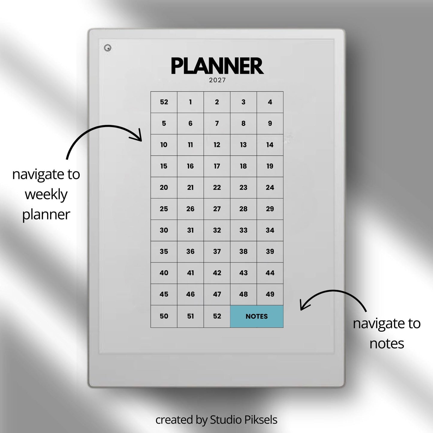2026-2027 weekly planner for reMarkable Paper Pro with horizontal layout.