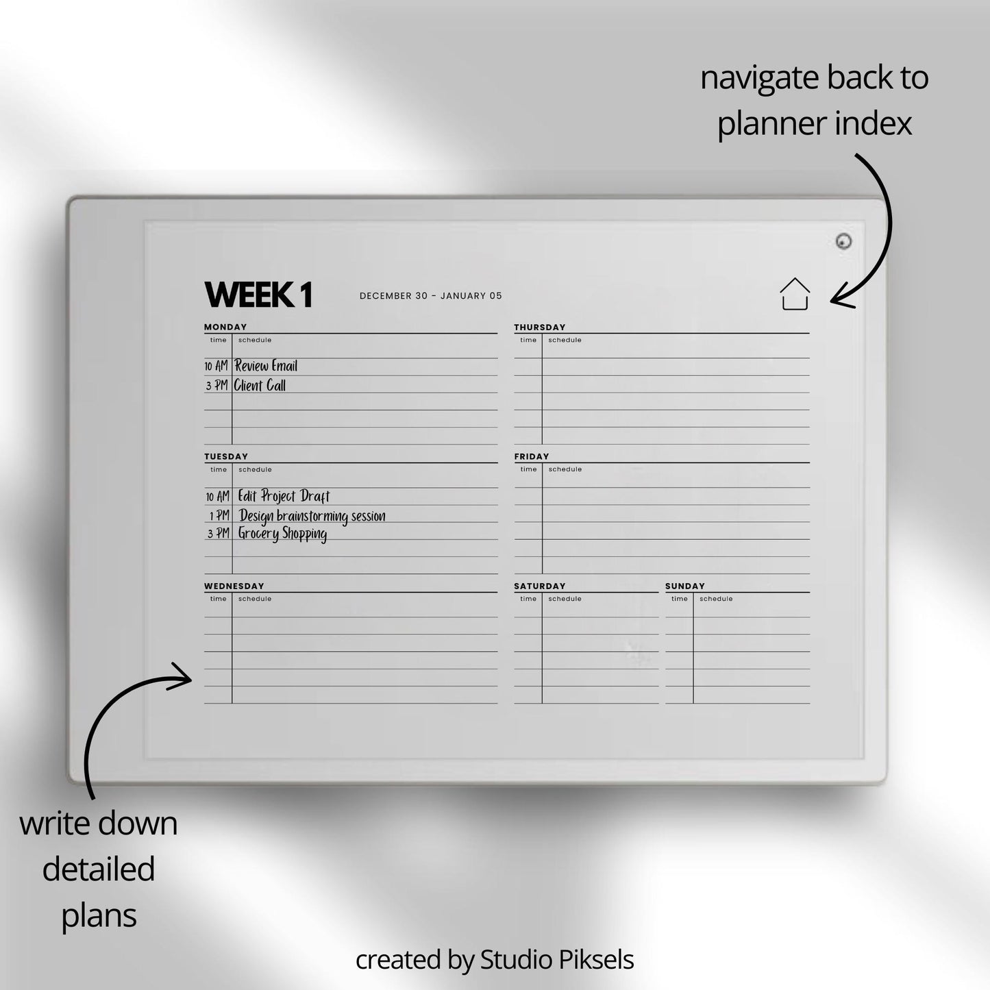 2026-2027 weekly planner for reMarkable Paper Pro with horizontal layout.