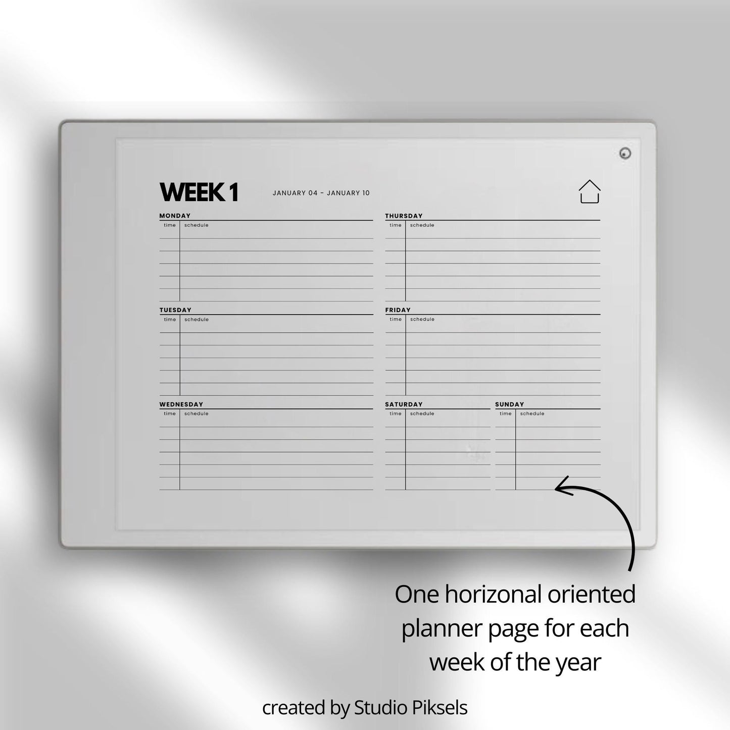 2026-2027 weekly planner for reMarkable Paper Pro with horizontal layout.