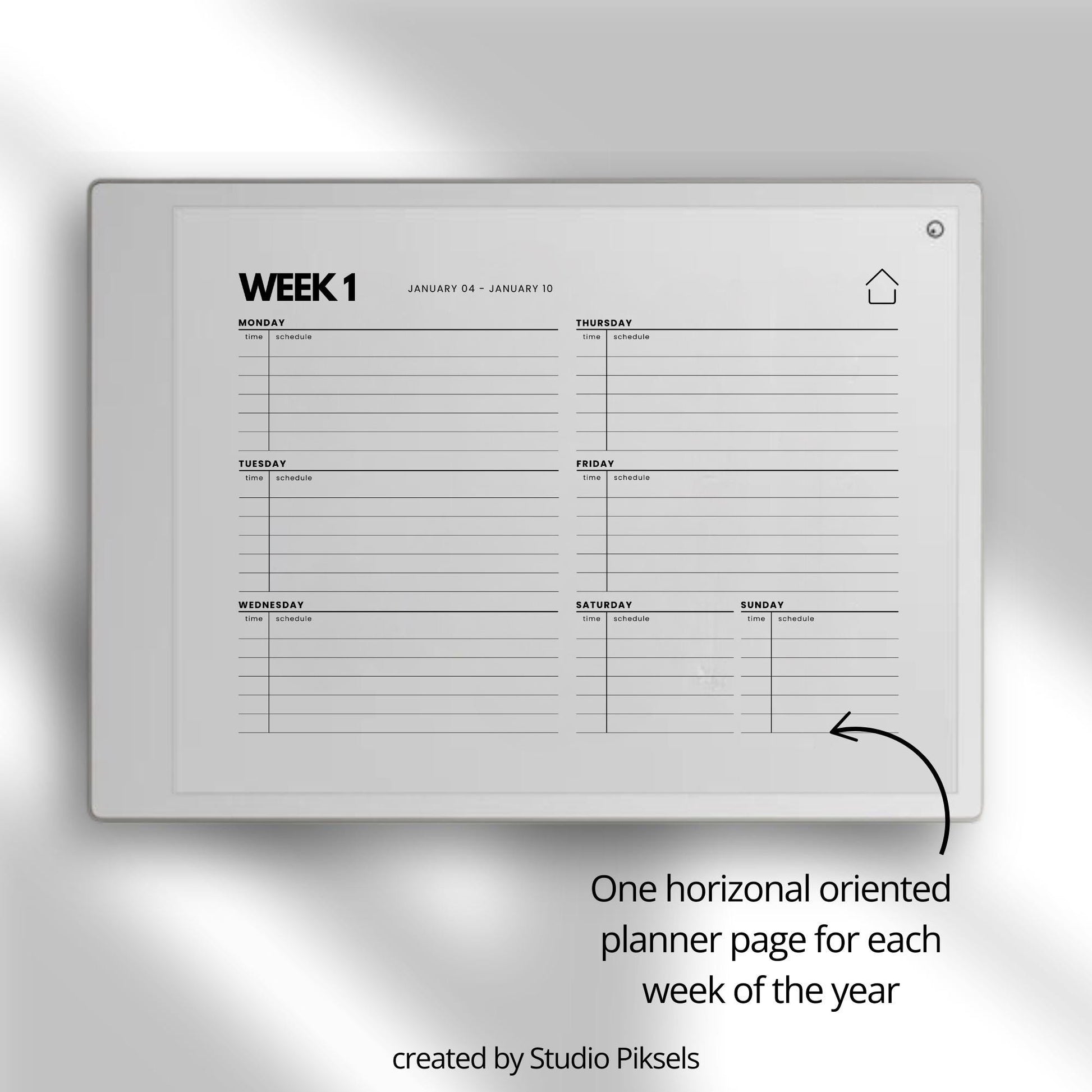 2026-2027 weekly planner for reMarkable Paper Pro with horizontal layout.