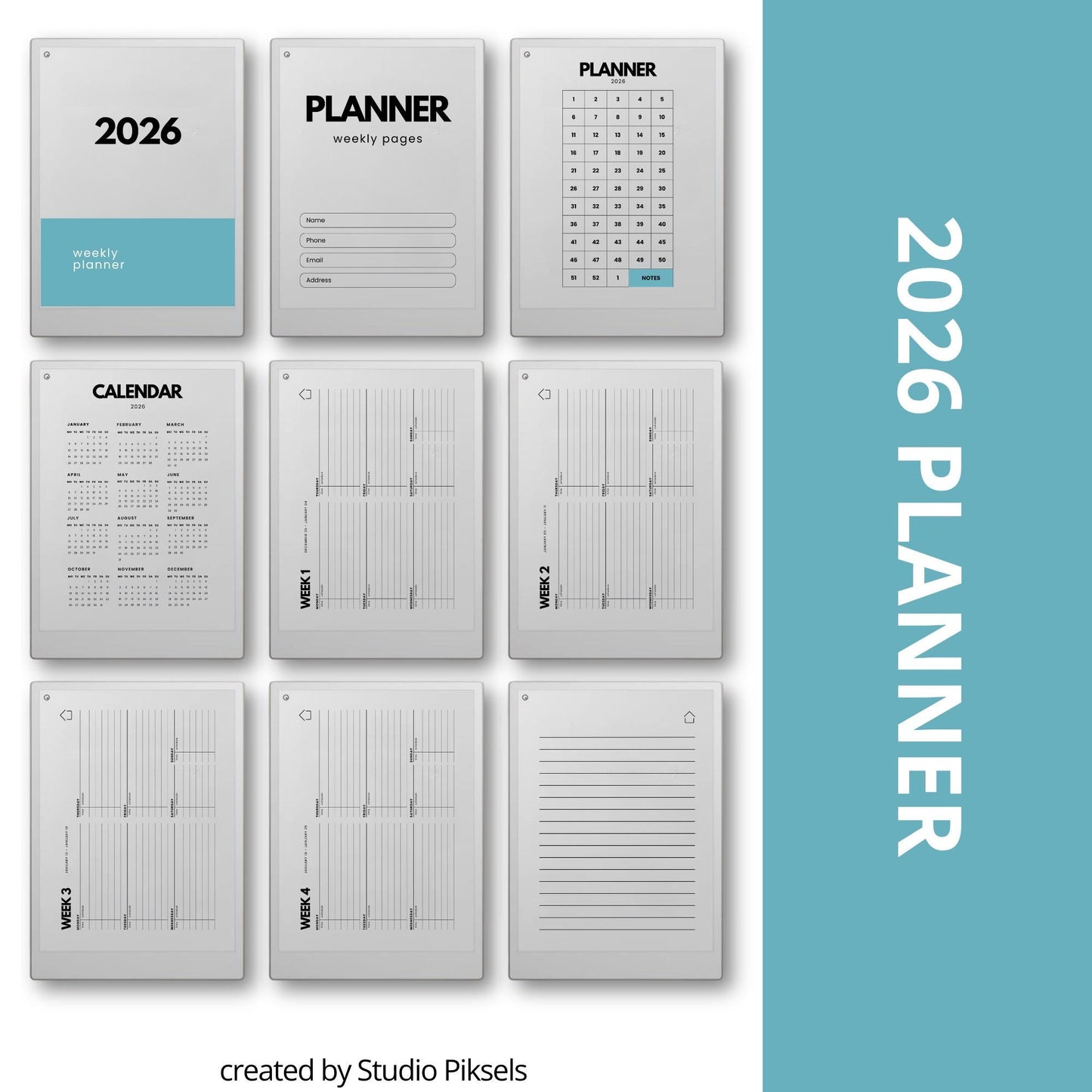 2026-2027 weekly planner for reMarkable Paper Pro with horizontal layout.