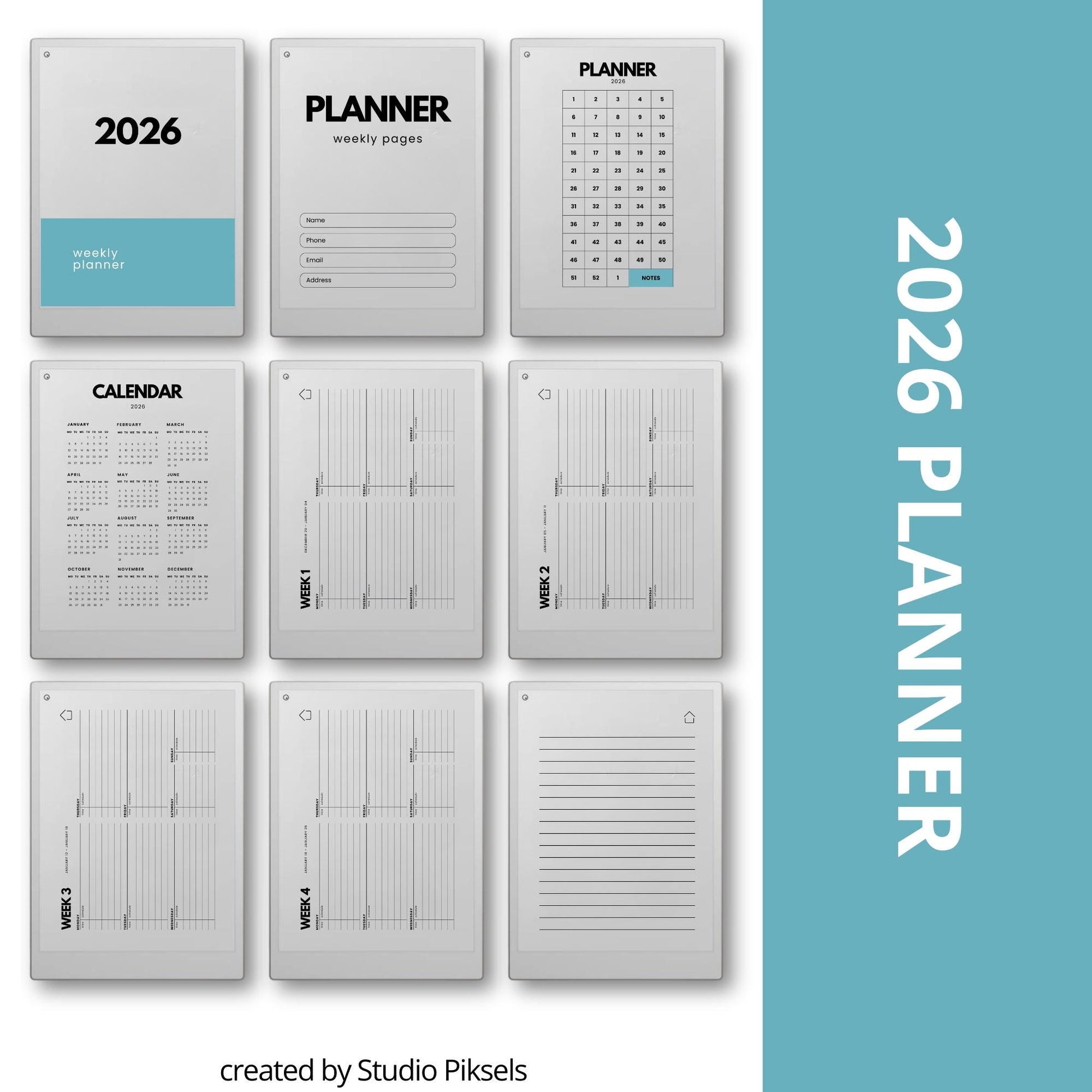 2026-2027 weekly planner for reMarkable Paper Pro with horizontal layout.