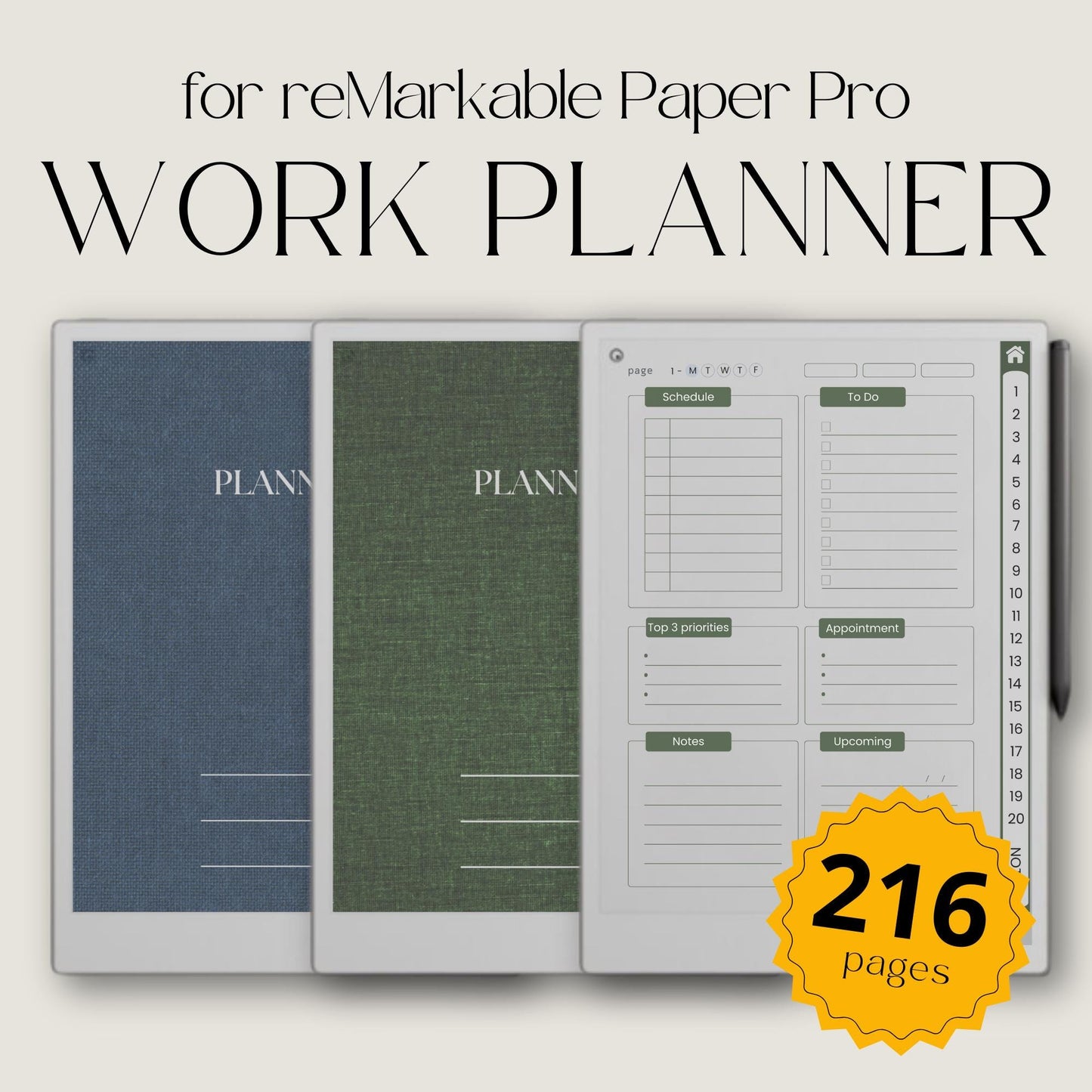 Hyperlinked Work Planner Bundle for reMarkable Paper Pro with daily task planning pages, productivity layouts, interactive navigation links, and minimalist digital business planner notebooks.