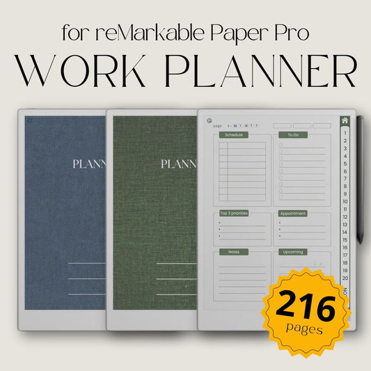 Hyperlinked Work Planner Bundle for reMarkable Paper Pro with daily task planning pages, productivity layouts, interactive navigation links, and minimalist digital business planner notebooks.