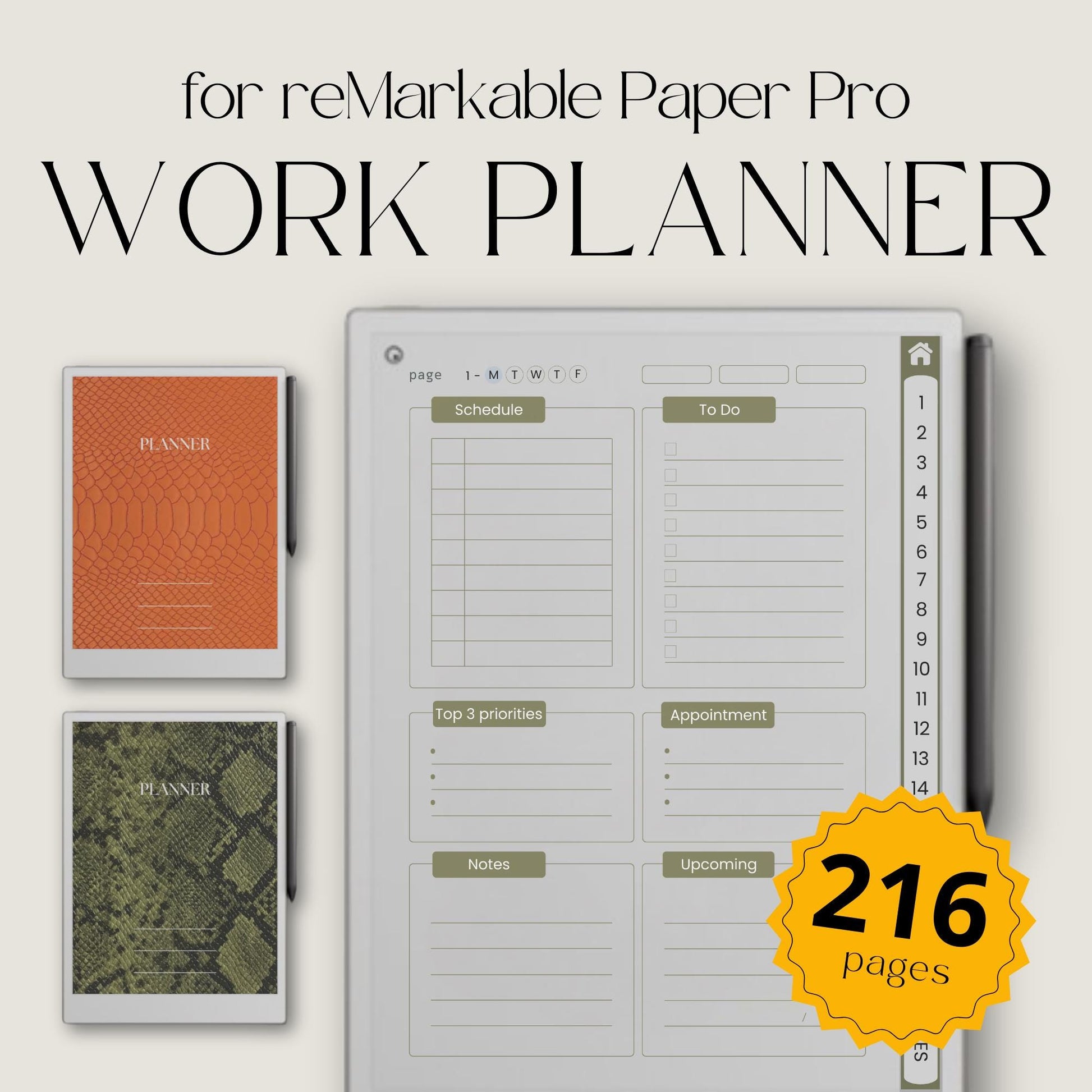 Hyperlinked work planner for reMarkable Paper Pro featuring daily task planning pages, project management layouts, business organization tools, and reusable digital productivity templates.