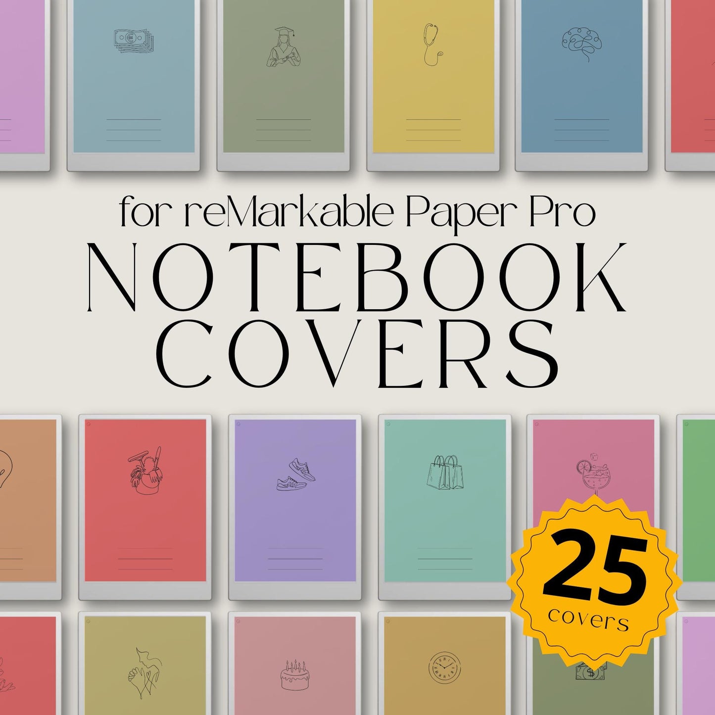 Organize your digital notebooks with this Icon Notebook Cover Bundle designed for reMarkable Paper Pro. This collection includes 25 colorful notebook covers with minimal line-art icons to help you quickly identify notebooks by category, topic, or purpose.