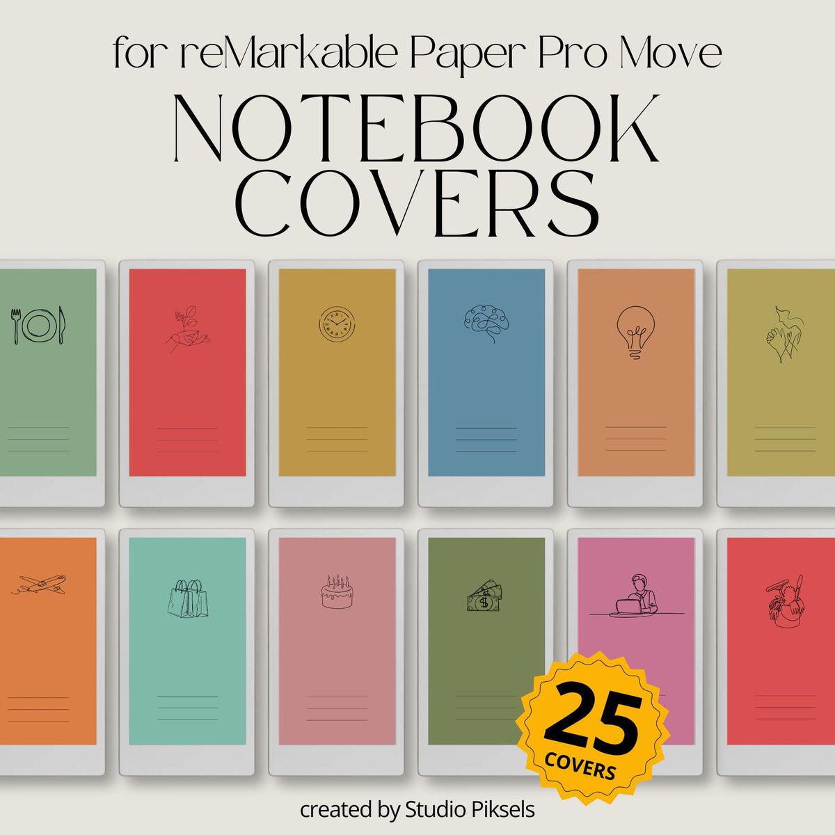 Icon notebook cover bundle for the reMarkable Paper Pro Move featuring 25 digital covers with minimalist line icons, color backgrounds, and file organization layouts.
