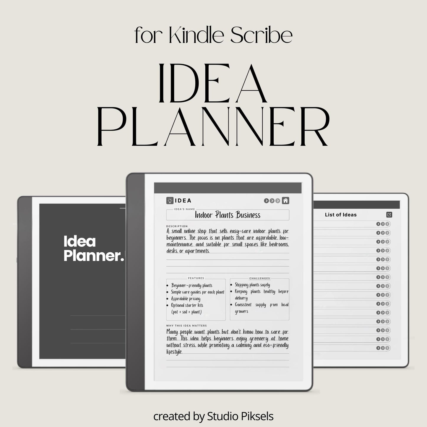 Idea Planner for Kindle Scribe with guided brainstorming layouts, planning pages, review sections, and hyperlinked digital notes pages.