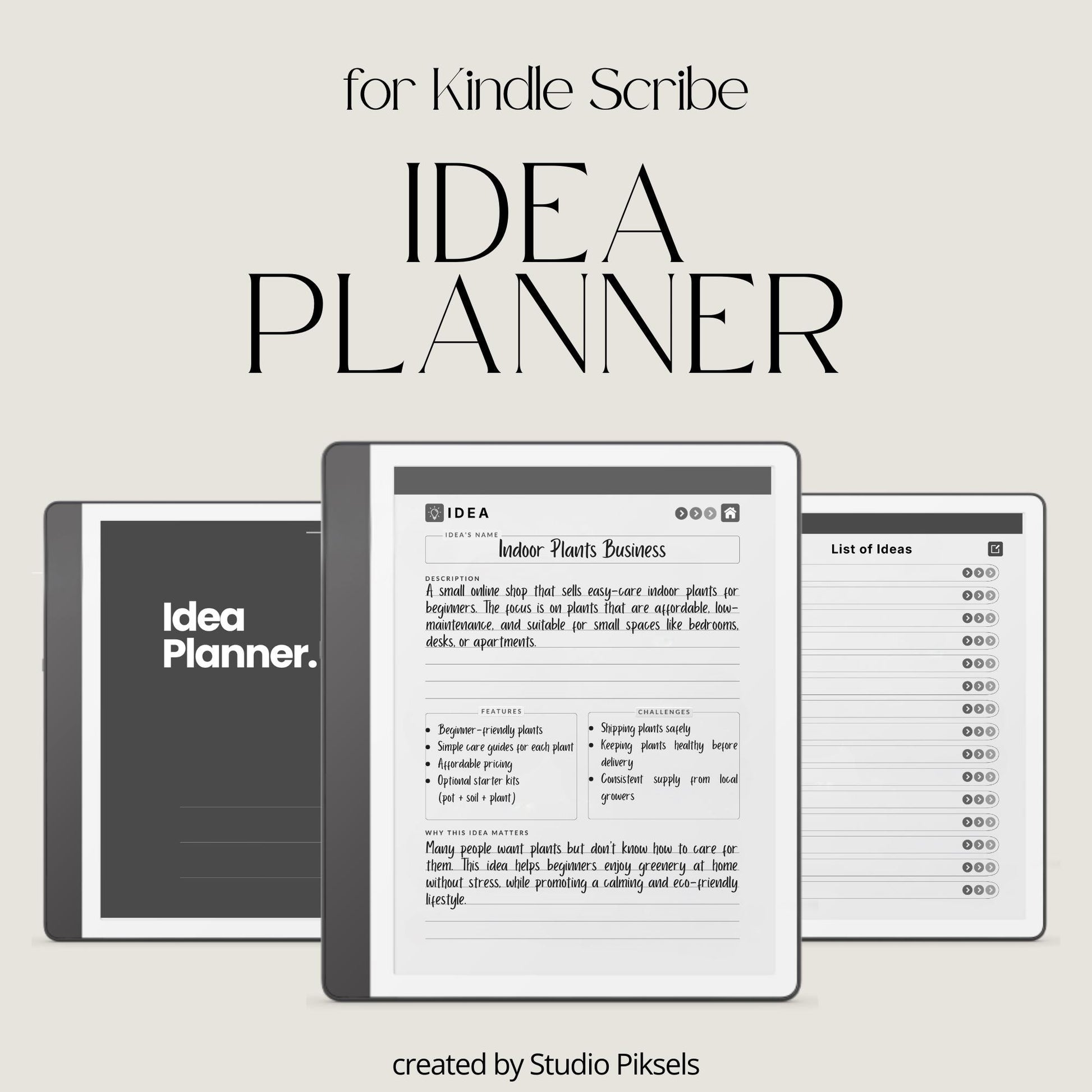 Idea Planner for Kindle Scribe with guided brainstorming layouts, planning pages, review sections, and hyperlinked digital notes pages.