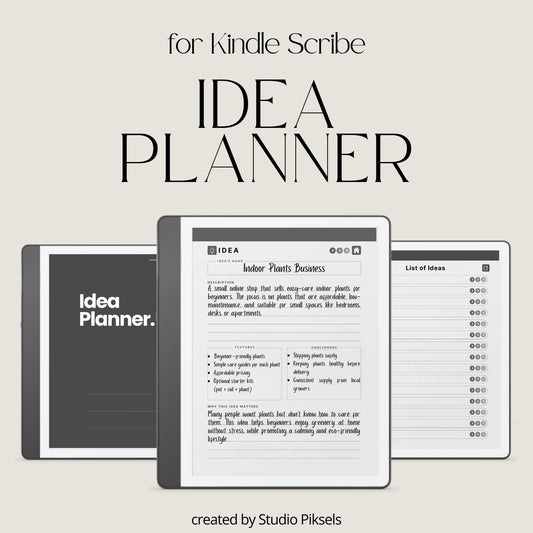 Idea Planner for Kindle Scribe with guided brainstorming layouts, planning pages, review sections, and hyperlinked digital notes pages.