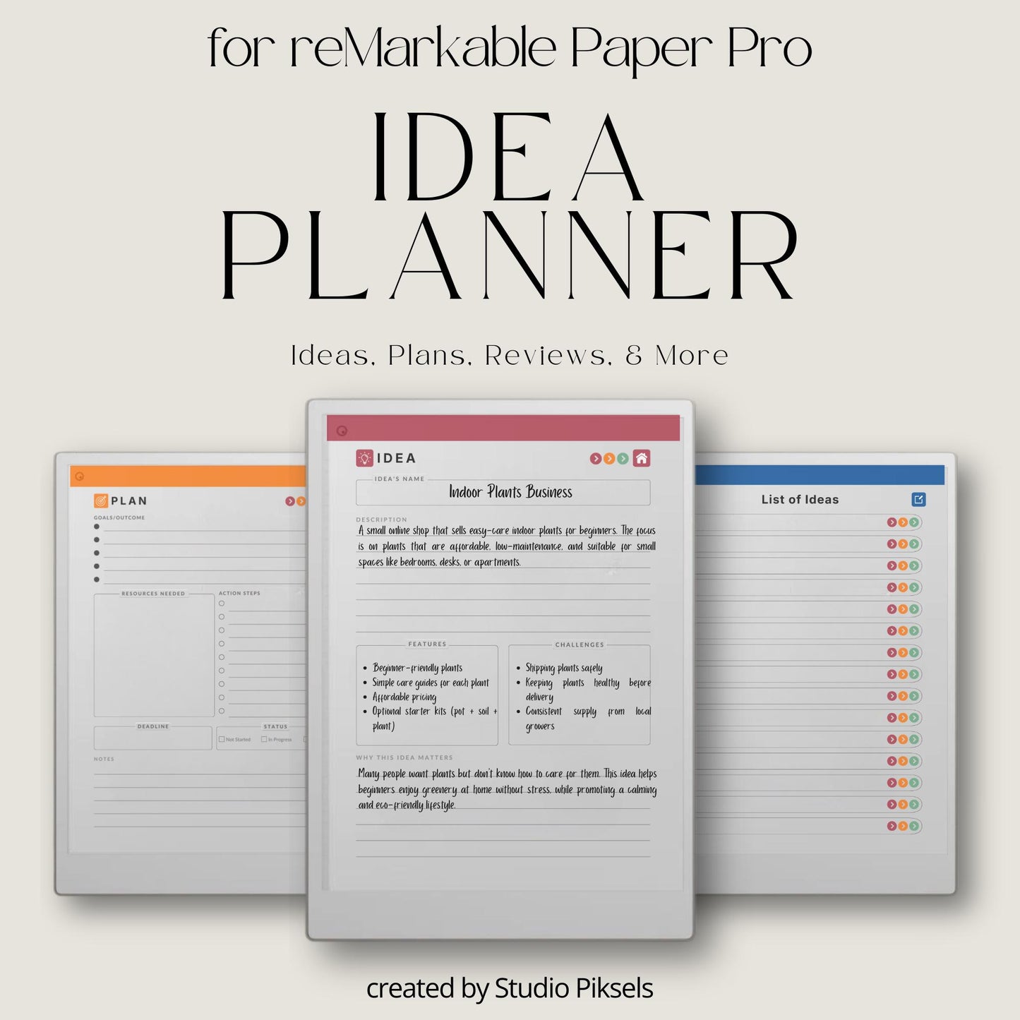 Capture and organize ideas using a hyperlinked idea planner on reMarkable Paper Pro.