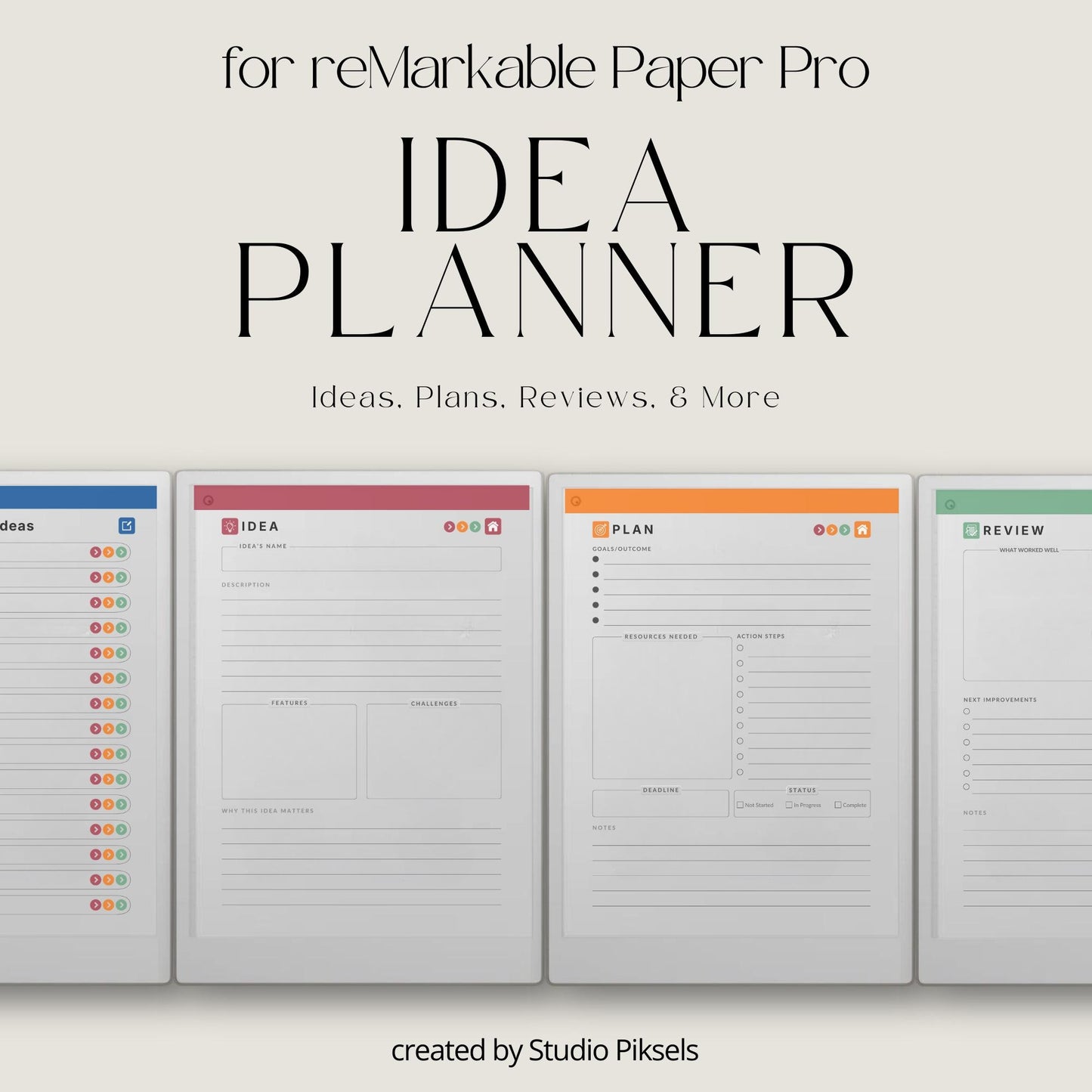 Capture and organize ideas using a hyperlinked idea planner on reMarkable Paper Pro.