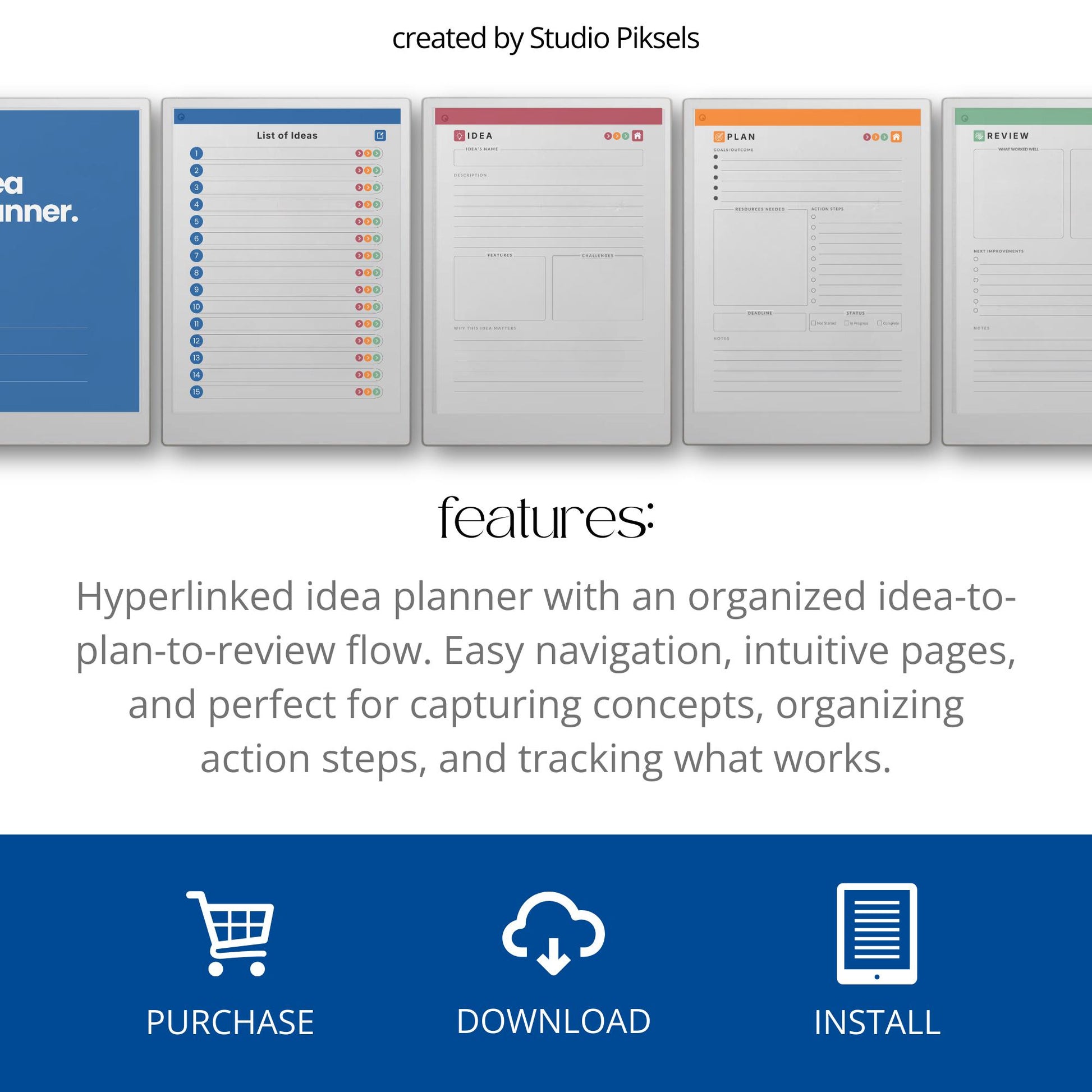 Capture and organize ideas using a hyperlinked idea planner on reMarkable Paper Pro.