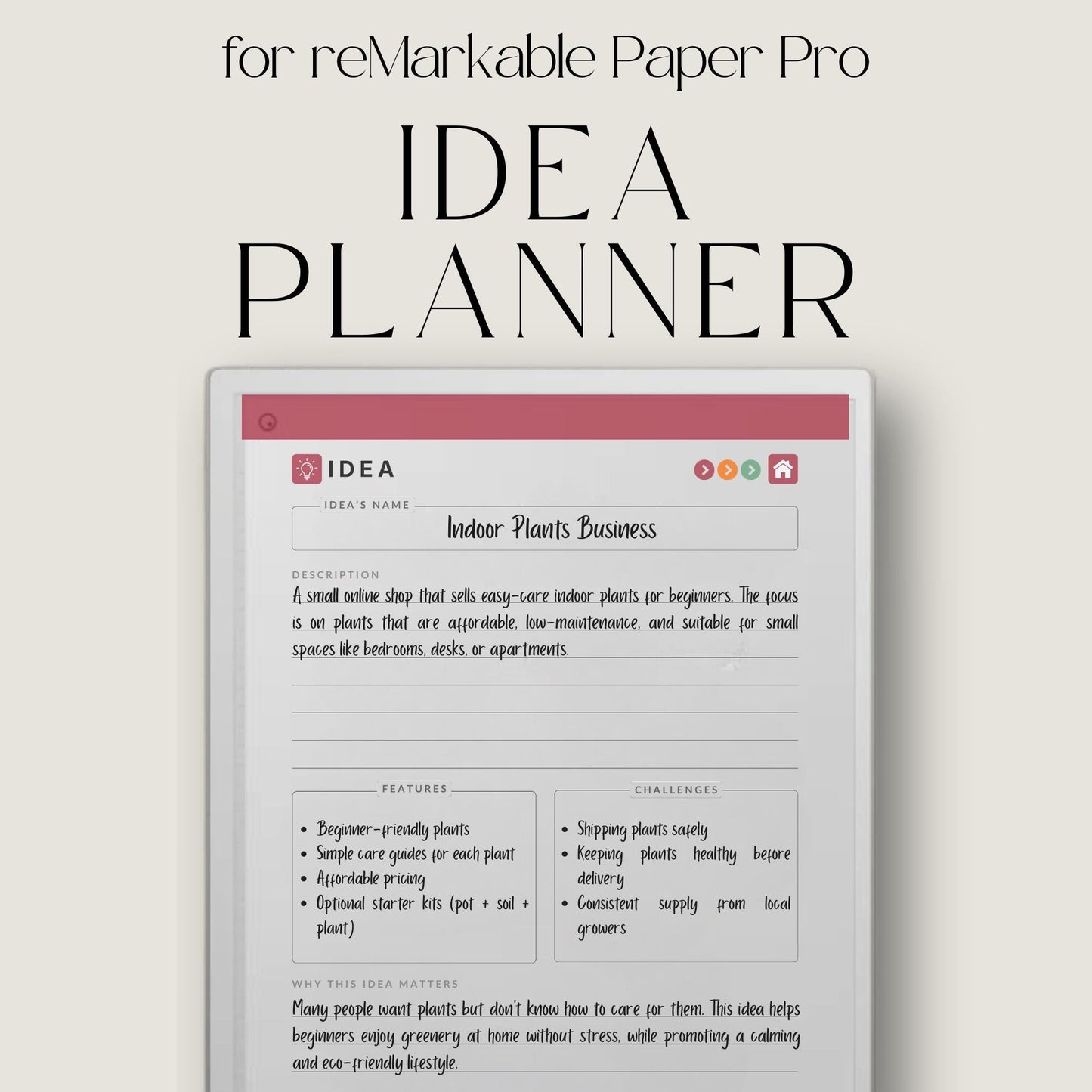 Capture and organize ideas using a hyperlinked idea planner on reMarkable Paper Pro.