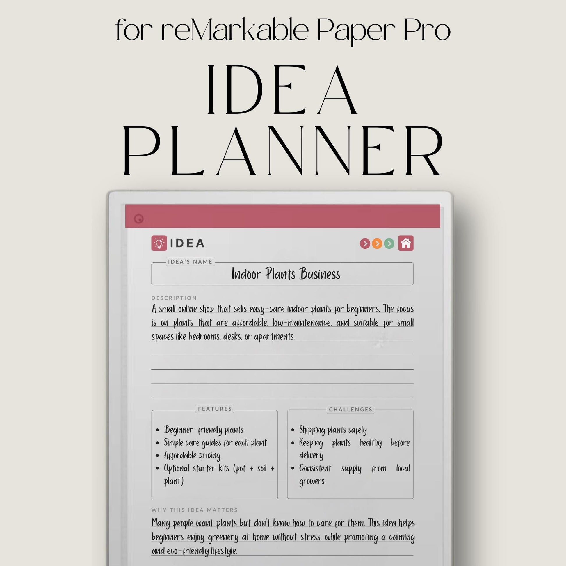 Capture and organize ideas using a hyperlinked idea planner on reMarkable Paper Pro.