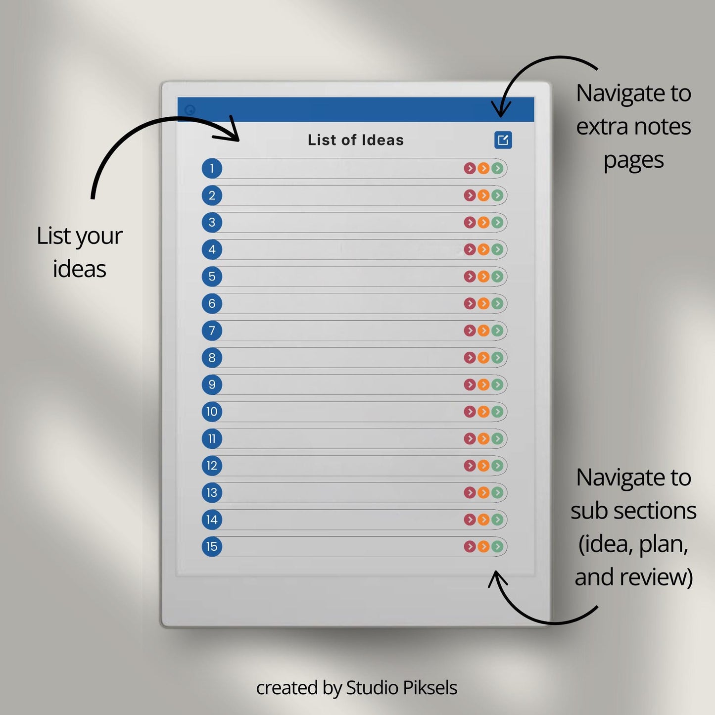 Capture and organize ideas using a hyperlinked idea planner on reMarkable Paper Pro.