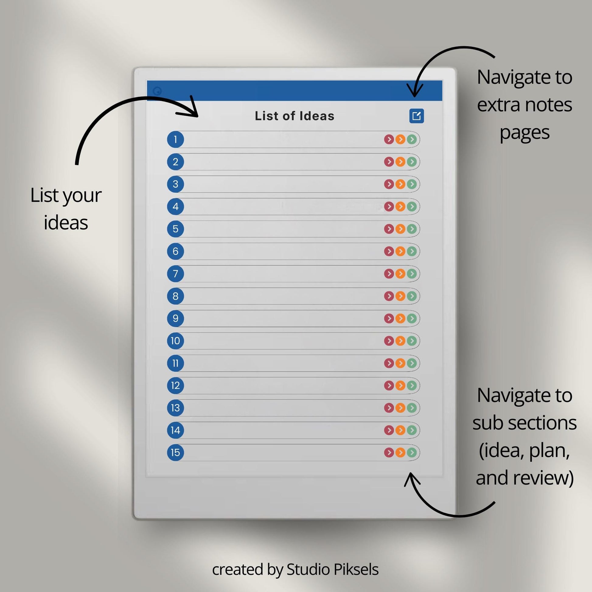 Capture and organize ideas using a hyperlinked idea planner on reMarkable Paper Pro.