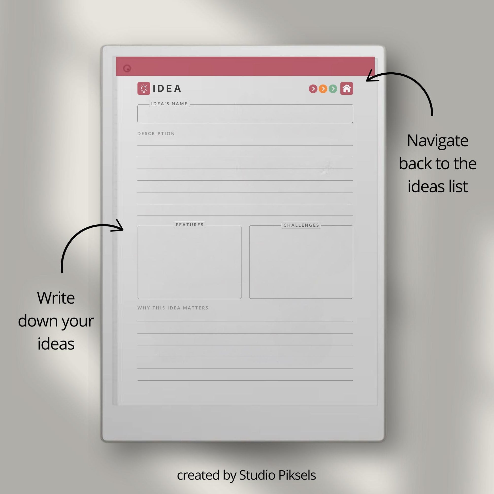 Capture and organize ideas using a hyperlinked idea planner on reMarkable Paper Pro.