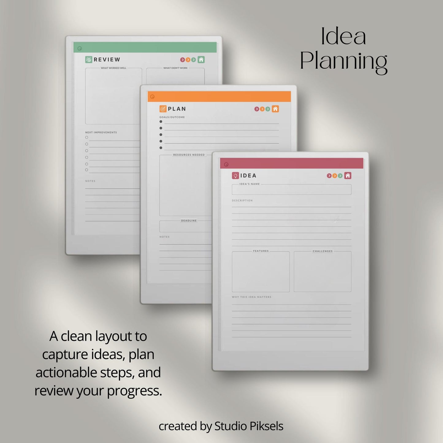 Capture and organize ideas using a hyperlinked idea planner on reMarkable Paper Pro.