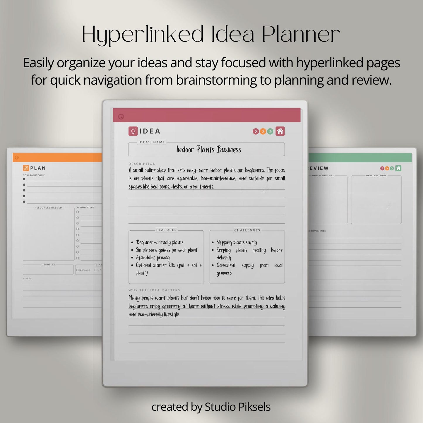 Capture and organize ideas using a hyperlinked idea planner on reMarkable Paper Pro.